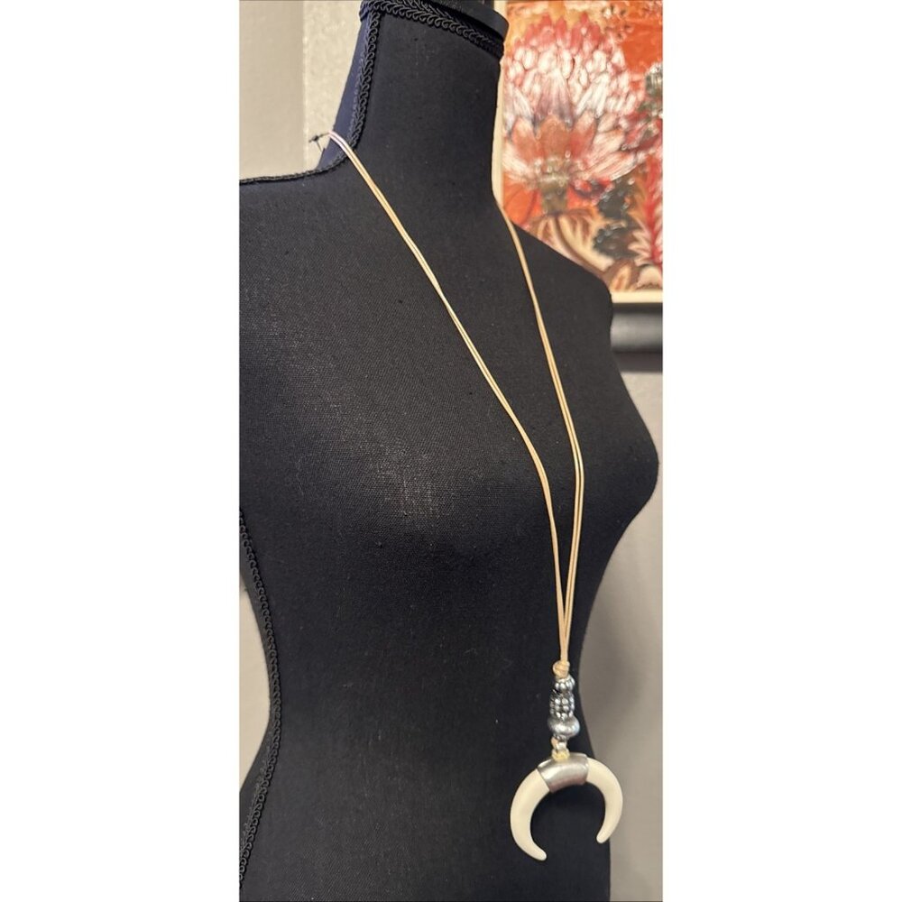 Chicos Faux Ivory Crescent Pendant Silver Tone 21" Long Statement Necklace NEW - Picture 2 of 15